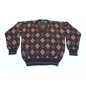 Vintage Giorgio di Firenze L Argyle V Neck Sweater Black Burgundy Made in Italy